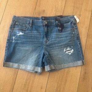 NWT GAP Denim Mid Rise Distressed Dark Wash Jean Shorts Stretch Women's 14T 5"